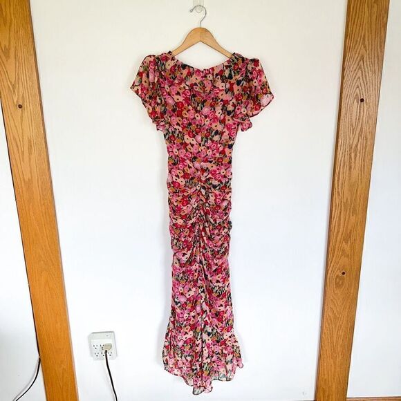 Astr the Label Vilma Floral Ruched Ruffle Detail Asymmetrical Hem Midi Dress - Picture 3 of 16